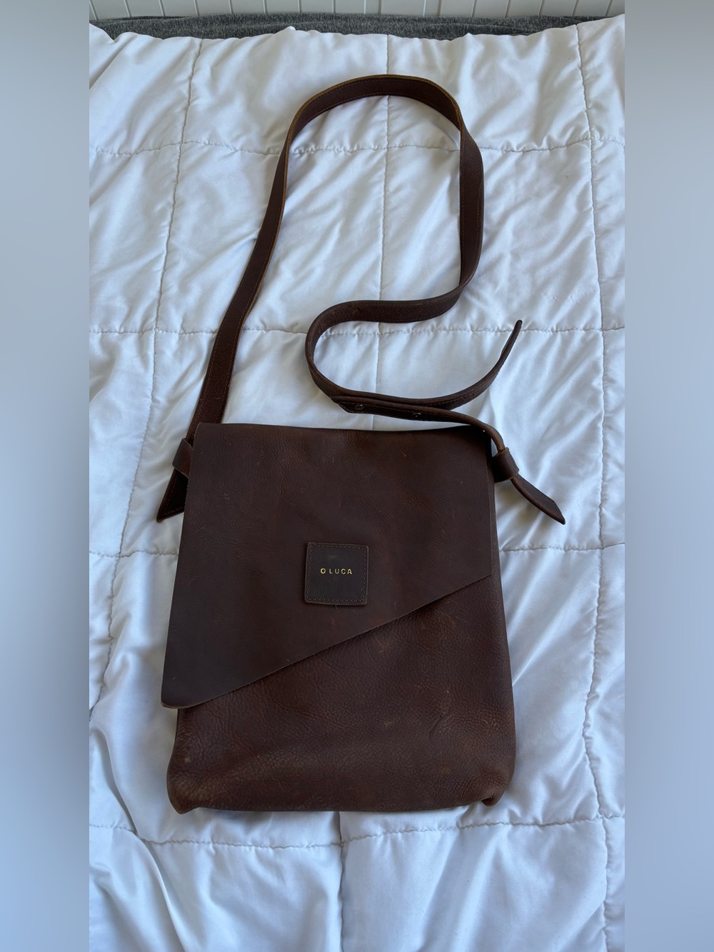OLUCA Brown Pebbled Leather Crossbody Messenger Bag Asymmetric Flap Adjustable